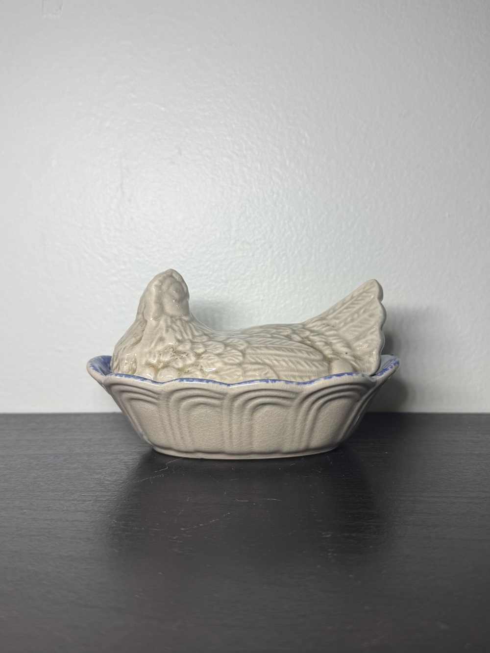 Vintage 1970s Hen On Nest Blue Splatter China Signed